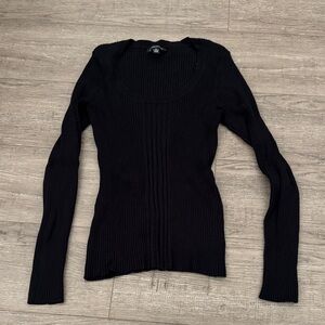 INC International Concepts Black Ribbed Scoop Neck Long Sleeve Top
